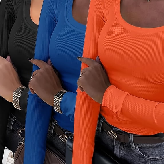 3PCS Long Sleeve Basic Tops for Women, Women's Ribbed Scoop Neck Slim Fitted T Shirts Basic Solid Long Sleeve Layering Tee Tops