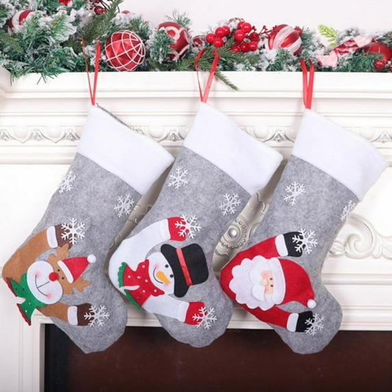 3PCS Lovely Christmas Stockings, Handmade Santa, Snowman, Reindeer, Xmas Character 3D PlushFireplace Hanging Stockings