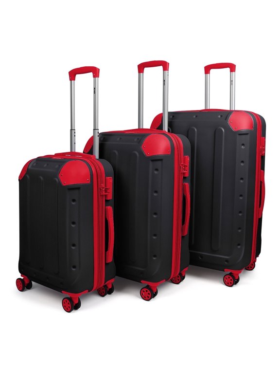 3 Piece Hardside Luggage Set, Expandable ABS Spinner Suitcases (20/24/28) – Lightweight & Scratch-Resistant Travel Luggage, Bkack/Red -EL2401
