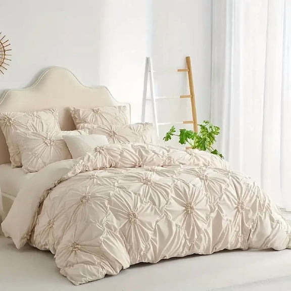 3PCS Luxury French Cottage 3D Handcrafted Ruched Flower Duvet Cover Queen, Neutral Cream Textured Floral Bedding Set, Premium Soft Washed Fabric Romantic Coquette Bedroom Decor