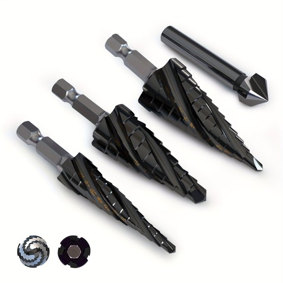 3PCS M35 Step Drill Bit Set & High-Speed Steel Kit With Impact Ready Unibit With 1/4" Hex Shank-Surface CoatingAluminum Titanium Oxide, An Extra Chamfering Tool Is Included