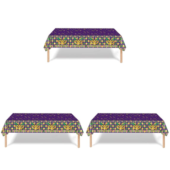 3PCS Mardi Gras Tablecloths, 54x107 Inch Purple Gold Green Plastic Table Cover for Mardi Gras Party Decorations and Masquerade Decor