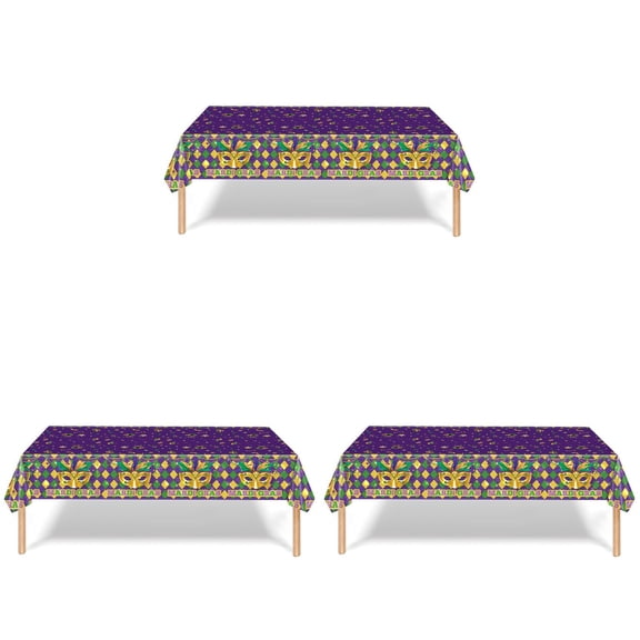 3PCS Mardi Gras Tablecloths, 54x107 Inch Purple Gold Green Plastic Table Cover for Mardi Gras Party Decorations and Masquerade Decor
