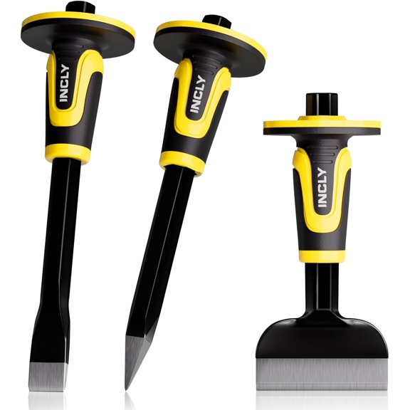 3PCS Masonry Chisel Set with Hand Guard, Stone and Rock Chisel, Heavy Duty Concrete Chisel Tools Including 11 Inch Point & Flat, 8 Inch Brick Chisels for Breaking Splitting Cutting