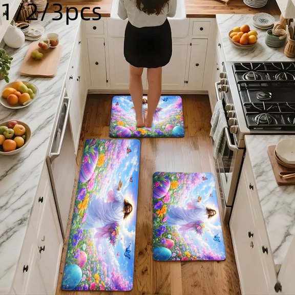 3PCS Mat Set, Welcome Door Rug, Home Decoration for Front Door, Kitchen, Bathroom, Angel Floating Among Colorful Balloons And Butterflies Kitchen Mat, Great Gift for Woman.