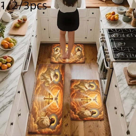 3PCS Mat Set, Welcome Door Rug, Home Decoration for Front Door, Kitchen, Bathroom, Angel Wings Cross Light Heaven Clouds Design Kitchen Mat, Great Gift for Woman.