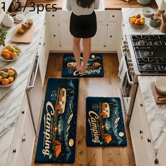 3PCS Mat Set, Welcome Door Rug, Home Decoration for Front Door, Kitchen, Bathroom, Camping Van Tent Moon Stars Night Sky Mountain River Kitchen Rug, Great Gift for Woman.
