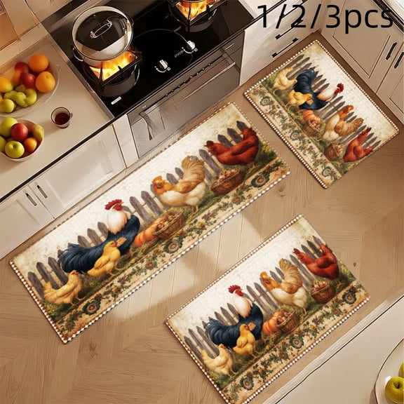 3PCS Mat Set, Welcome Door Rug, Home Decoration for Front Door, Kitchen, Bathroom, Chicken Rooster Pumpkin Fence Garden Pattern Print Kitchen Mat, Great Gift for Woman.