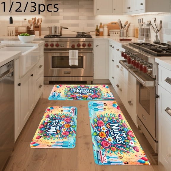 3PCS Mat Set, Welcome Door Rug, Home Decoration for Front Door, Kitchen, Bathroom, Colorful Candy Theme With Flowers And Sweet Elements Kitchen Rug, Great Gift for Woman.