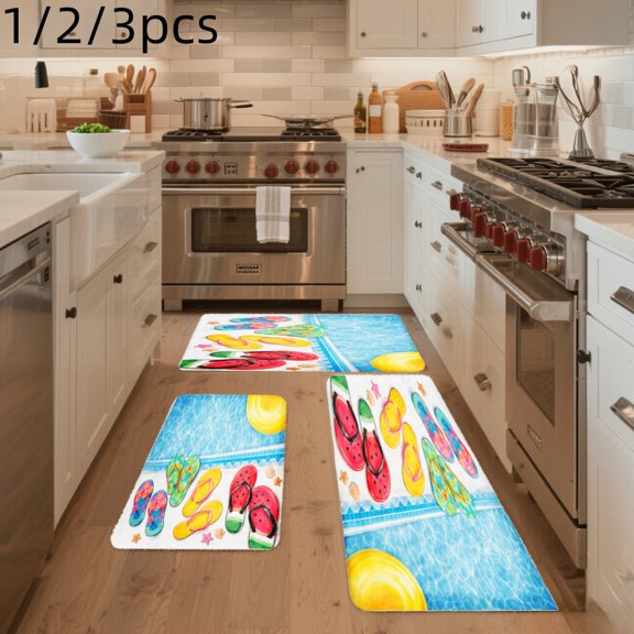 3PCS Mat Set, Welcome Door Rug, Home Decoration for Front Door, Kitchen, Bathroom, Colorful Flip Flops And Beach Ball Pattern Kitchen Rug, Great Gift for Woman.