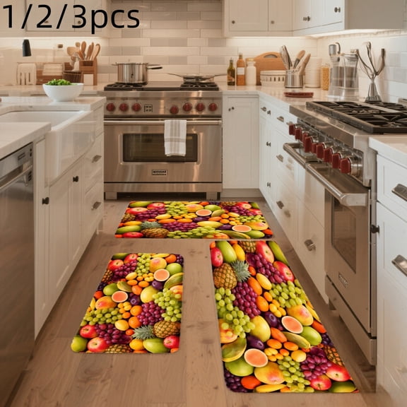 3PCS Mat Set, Welcome Door Rug, Home Decoration for Front Door, Kitchen, Bathroom, Colorful Fruits Pattern Print Design For Kitchen Rugs Kitchen Mat, Great Gift for Woman.