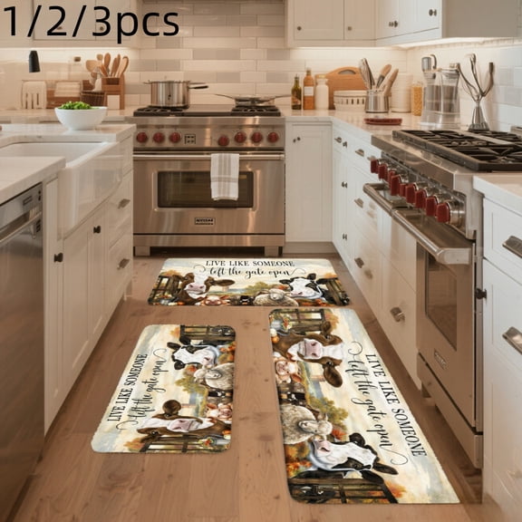 3PCS Mat Set, Welcome Door Rug, Home Decoration for Front Door, Kitchen, Bathroom, Cow Pattern With Inspirational Quote And Rural Scene Kitchen Mat, Great Gift for Woman.