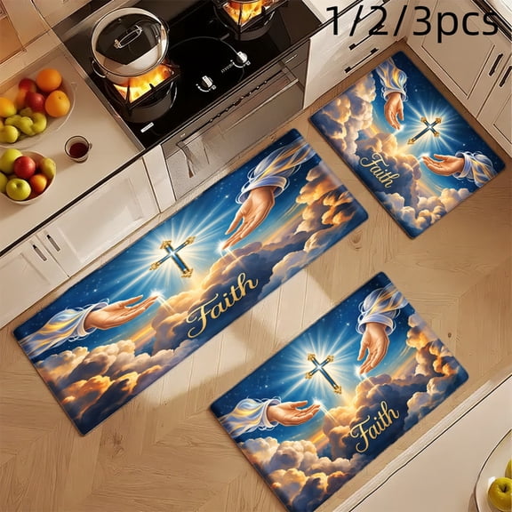 3PCS Mat Set, Welcome Door Rug, Home Decoration for Front Door, Kitchen, Bathroom, Faith Cross Hands Clouds Sky Angels Light Divine Kitchen Mat, Great Gift for Woman.