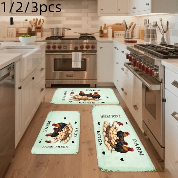 3PCS Mat Set, Welcome Door Rug, Home Decoration for Front Door, Kitchen, Bathroom, Farm Fresh Eggs Rooster Chicken Pattern Kitchen Mat, Great Gift for Woman.
