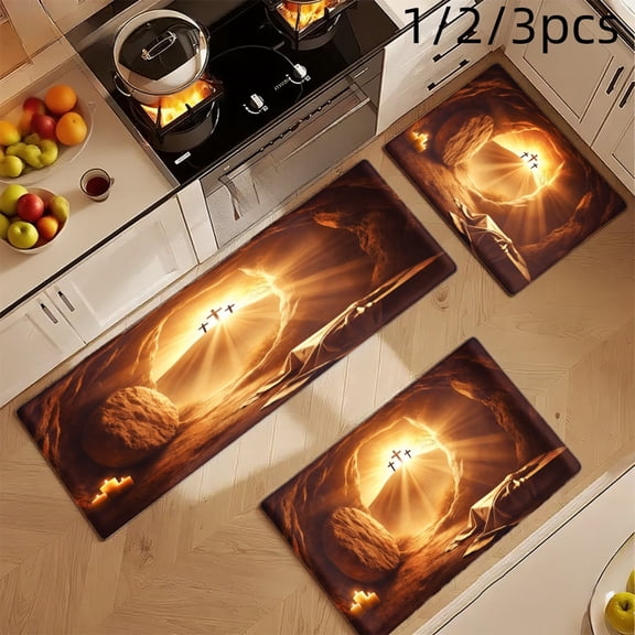 3PCS Mat Set, Welcome Door Rug, Home Decoration for Front Door, Kitchen, Bathroom, Golden Light Rays Through Cave With Flying Birds Kitchen Mat, Great Gift for Woman.