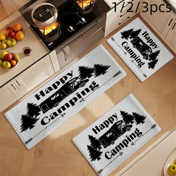 3PCS Mat Set, Welcome Door Rug, Home Decoration for Front Door, Kitchen, Bathroom, Happy Camping Camper Trees Arrow Pattern Kitchen Rug, Great Gift for Woman.