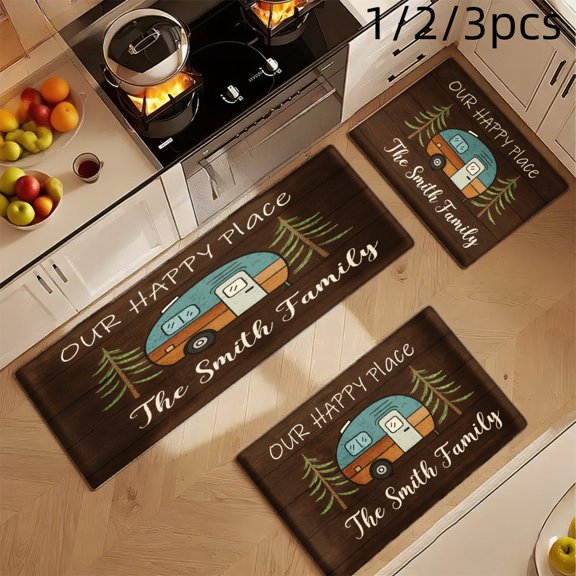 3PCS Mat Set, Welcome Door Rug, Home Decoration for Front Door, Kitchen, Bathroom, Our Happy Place The Smith Family Camper Tree Kitchen Rug, Great Gift for Woman.