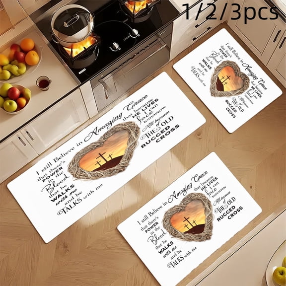 3PCS Mat Set, Welcome Door Rug, Home Decoration for Front Door, Kitchen, Bathroom, Heart Cross Sunset Bible Verse Amazing Grace Kitchen Mat, Great Gift for Woman.