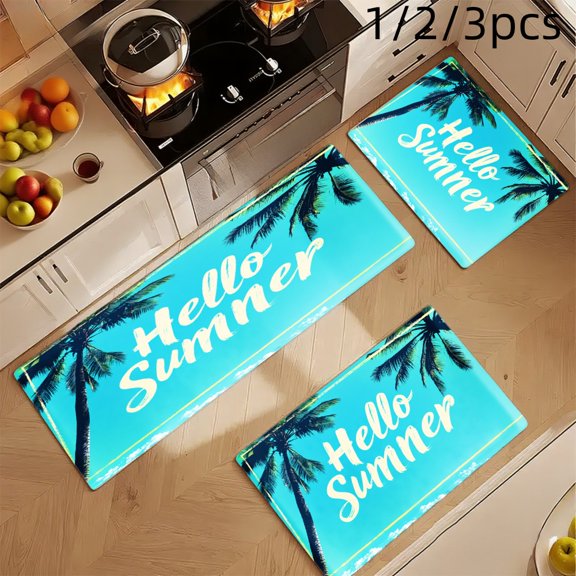 3PCS Mat Set, Welcome Door Rug, Home Decoration for Front Door, Kitchen, Bathroom, Hello Summer Palm Tree Blue Background Kitchen Rug, Great Gift for Woman.