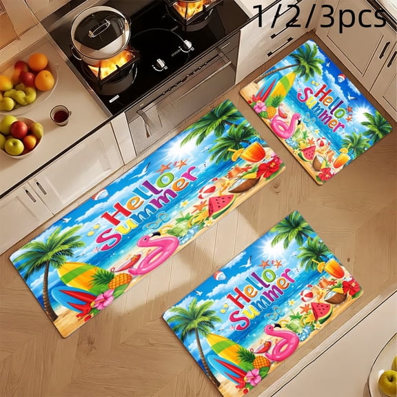 3PCS Mat Set, Welcome Door Rug, Home Decoration for Front Door, Kitchen, Bathroom, Hello Summer Palm Tree Flamingo Beach Scene Kitchen Rug, Great Gift for Woman.