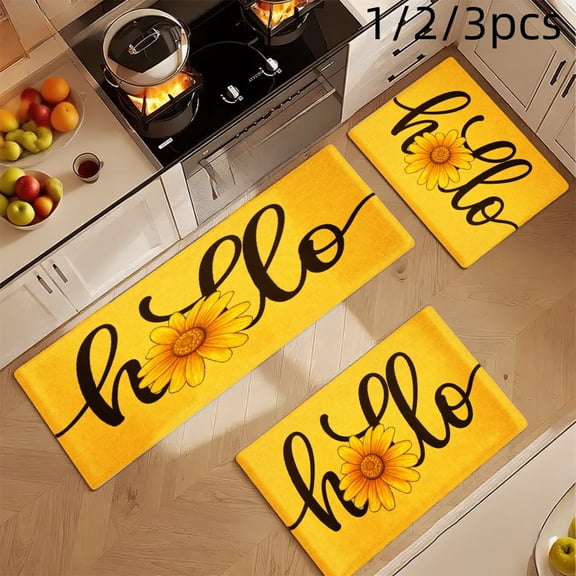 3PCS Mat Set, Welcome Door Rug, Home Decoration for Front Door, Kitchen, Bathroom, Hello Sunflower Pattern Print Design Kitchen Rug, Great Gift for Woman.