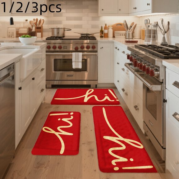 3PCS Mat Set, Welcome Door Rug, Home Decoration for Front Door, Kitchen, Bathroom, Hi In Gold Script On Red Background Kitchen Mat, Great Gift for Woman.