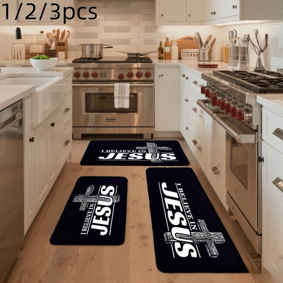 3PCS Mat Set, Welcome Door Rug, Home Decoration for Front Door, Kitchen, Bathroom, I Believe In Jesus With Cross Design Kitchen Mat, Great Gift for Woman.