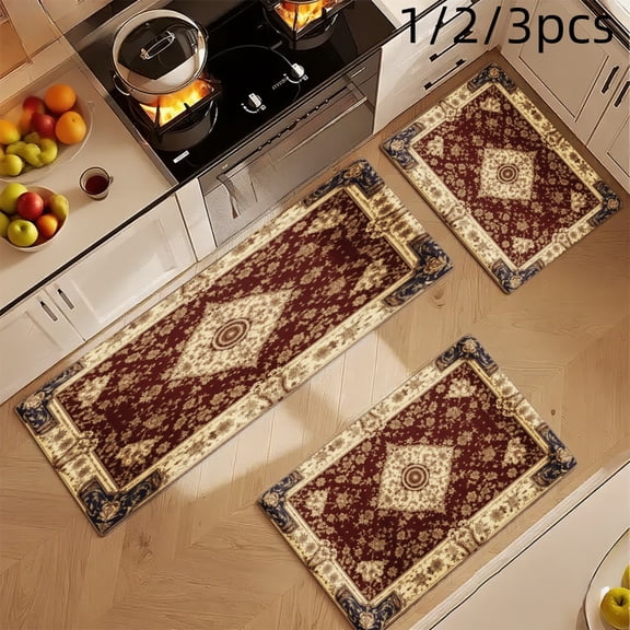 3PCS Mat Set, Welcome Door Rug, Home Decoration for Front Door, Kitchen, Bathroom, Maroon And Cream Geometric Pattern With Ornate Borders Kitchen Mat, Great Gift for Woman.