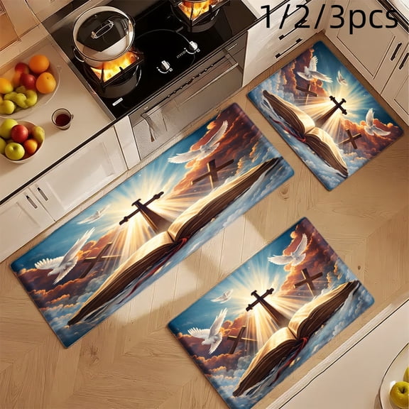 3PCS Mat Set, Welcome Door Rug, Home Decoration for Front Door, Kitchen, Bathroom, Open Bible With Cross And Doves In Sky Kitchen Mat, Great Gift for Woman.