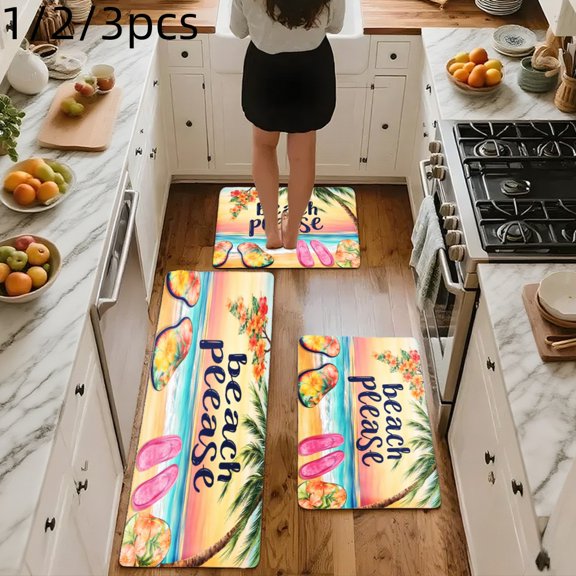 3PCS Mat Set, Welcome Door Rug, Home Decoration for Front Door, Kitchen, Bathroom, Peach Palm Tree Flip Flops Sunset Pattern Kitchen Rug, Great Gift for Woman.