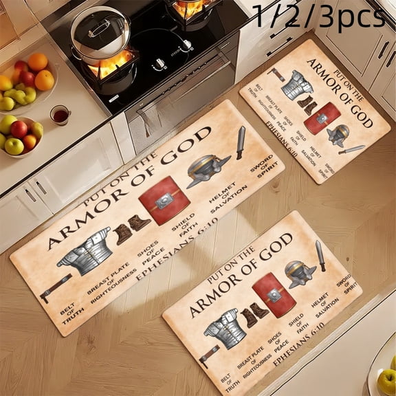 3PCS Mat Set, Welcome Door Rug, Home Decoration for Front Door, Kitchen, Bathroom, Put On The Armor Of God Pattern With Bible Verse And Christian Symbols Kitchen Mat, Great Gift for Woman.