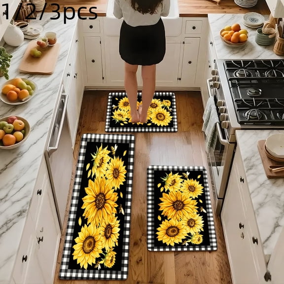 3PCS Mat Set, Welcome Door Rug, Home Decoration for Front Door, Kitchen, Bathroom, Sunflower Black And White Checkered Pattern Print Kitchen Mat, Great Gift for Woman.