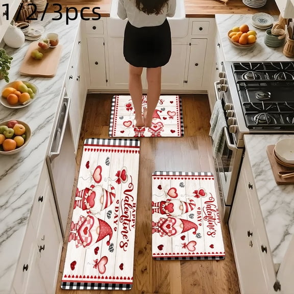 3PCS Mat Set, Welcome Door Rug, Home Decoration for Front Door, Kitchen, Bathroom, Valentine Hearts And Cupid Pattern Print Kitchen Mat, Great Gift for Woman.