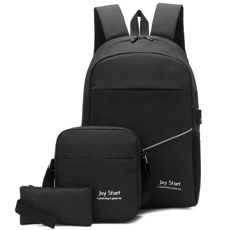 3PCS Men Backpack Kit USB Charging Men Bag Casual Multifunctional Backpacks School Bag Black