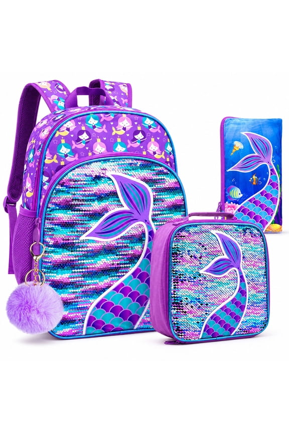 3PCS Mermaid Backpack for Girls, 16" Sequin Preschool Elementary Bookbag and Lunch Box