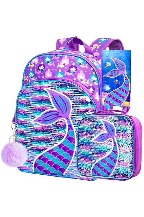 3PCS Mermaid Backpack for Girls, 16" Sequin Preschool Elementary Bookbag and Lunch Box