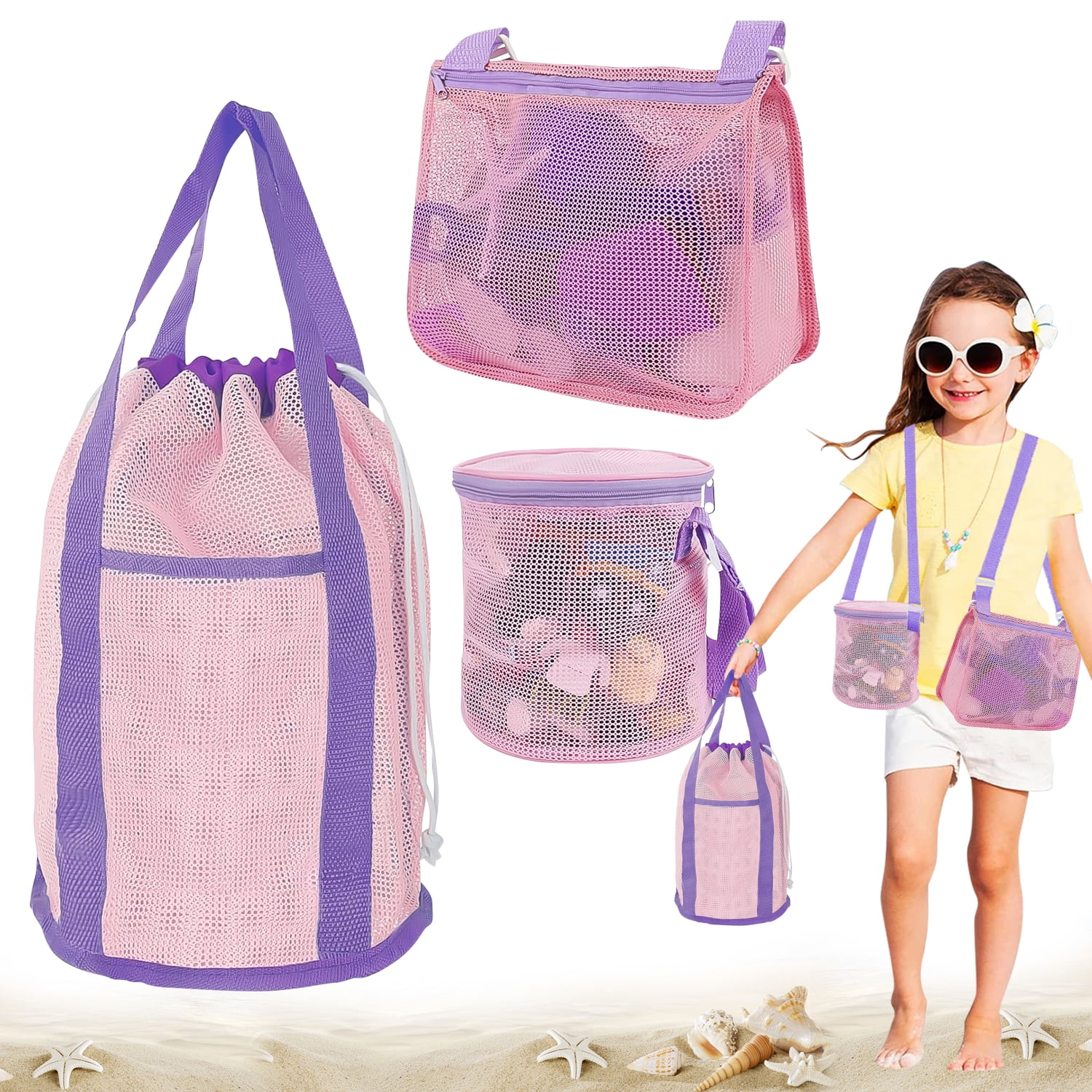 3PCS Mesh Beach Bag Set, Pink Mesh Toy Bag Shell Collecting Bag Totes