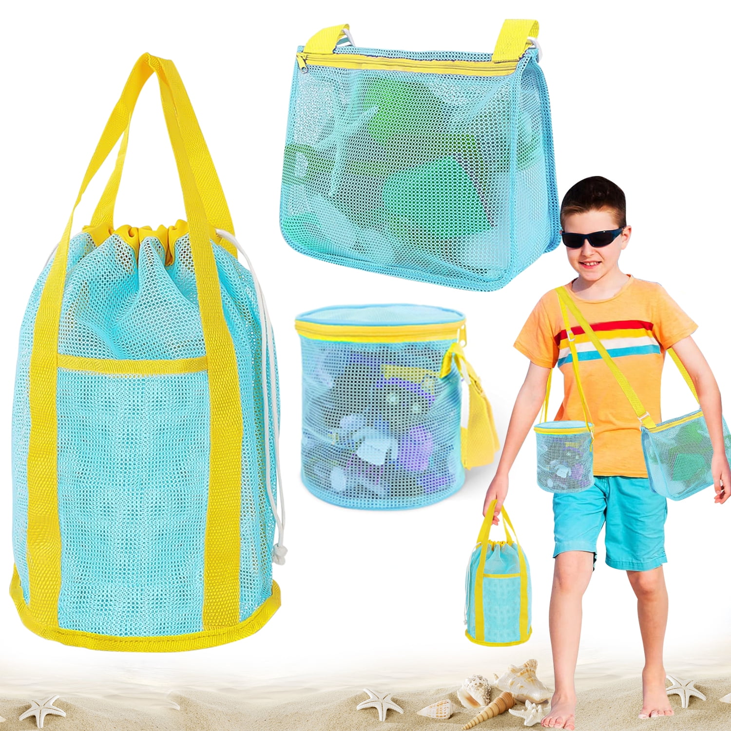 3Pcs Mesh Beach Bag Set, Mesh Toy Bag Shell Collecting Bag with Zipper