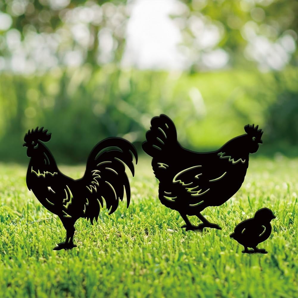 3PCS Metal Chicken Garden Decor Metal Rooster Outdoor Garden Ornament ...