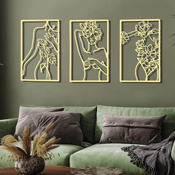 3PCS Metal Wall Art Minimalist Wall Decor,12.99*11.11Inch Minimalist Abstract Wall Art Women Body Drawing Wall Sculptures Home Wall Hanging Decor for Bedroom Living Room Bathroom Gold