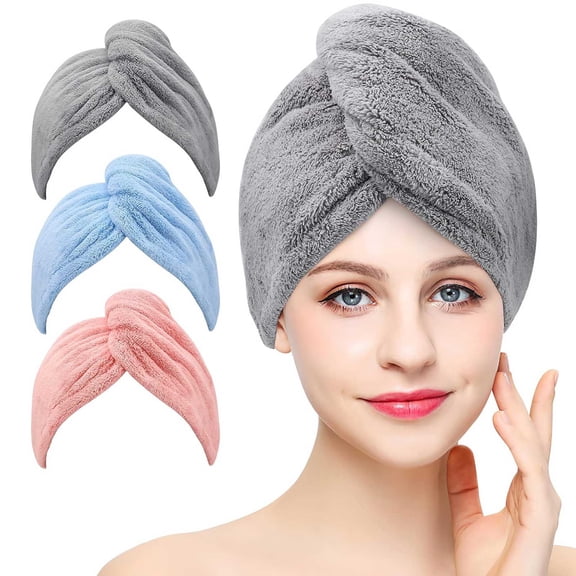 3PCS Microfiber Hair Towel Wrap Ultra Absorbent Hair Turbans for Women Curly, Long & Thick Hair (Blue, Grey, Pink)