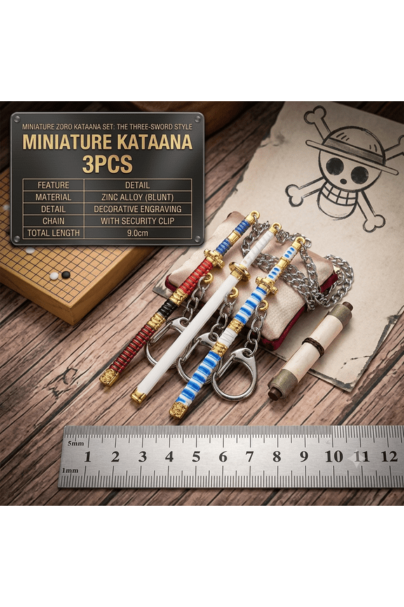 3PCS Mini Samurai Sword Keychain Set Metal Katana Pendant Unsharpened Anime Style Keyring Pack (9cm / 3.5 inches)
