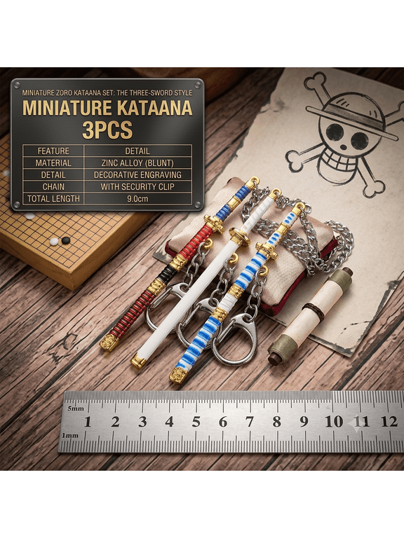 3PCS Mini Samurai Sword Keychain Set Metal Katana Pendant Unsharpened Anime Style Keyring Pack (9cm / 3.5 inches)