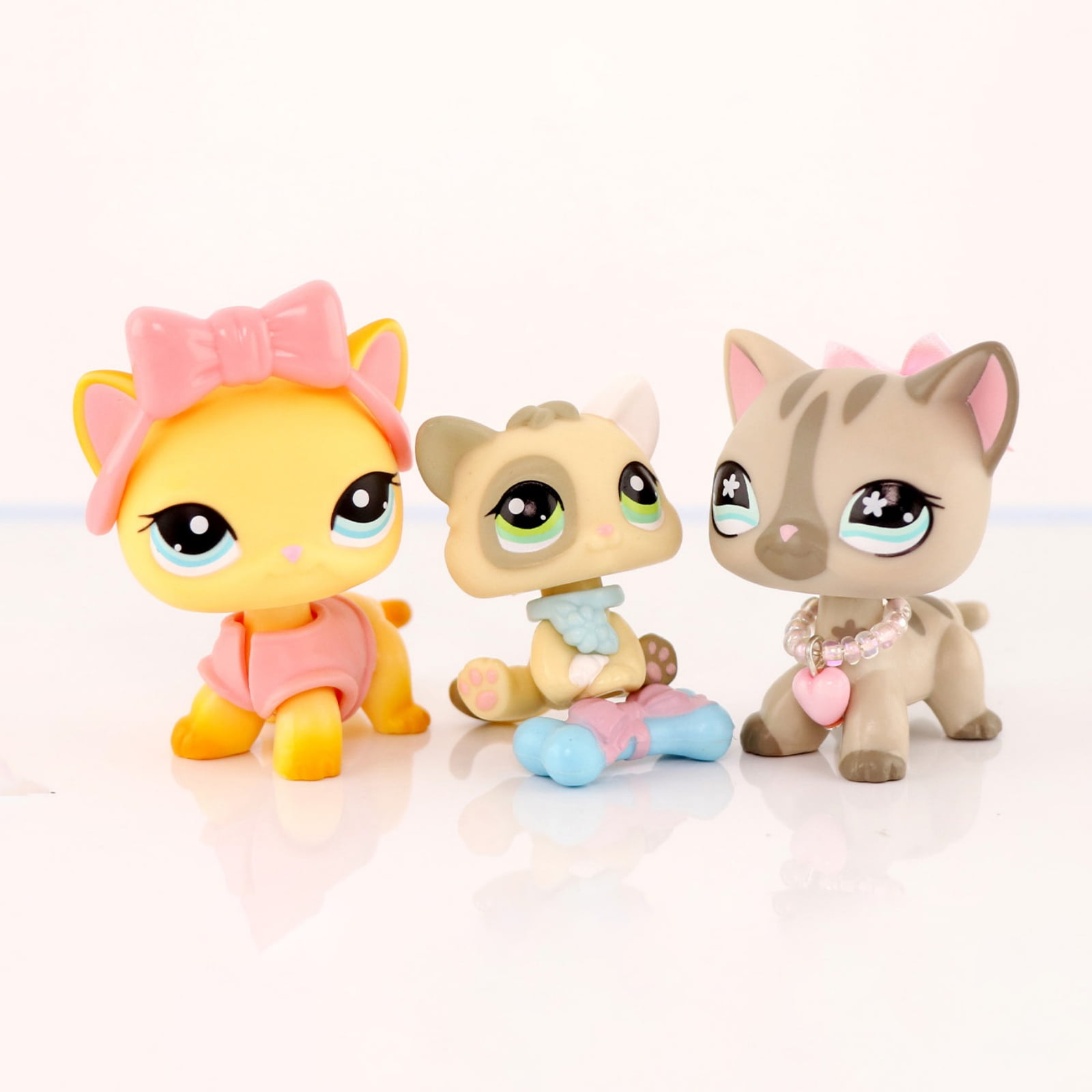 3PCS Minilpsshop Little Pet Set,Shorthair Cat #339 #468 Kitten #1074 with Cute Necklace Bow Jacket Headwear Bone Accessories for lps Collection Kids Gift Girl Play Cartoon Animal Figure