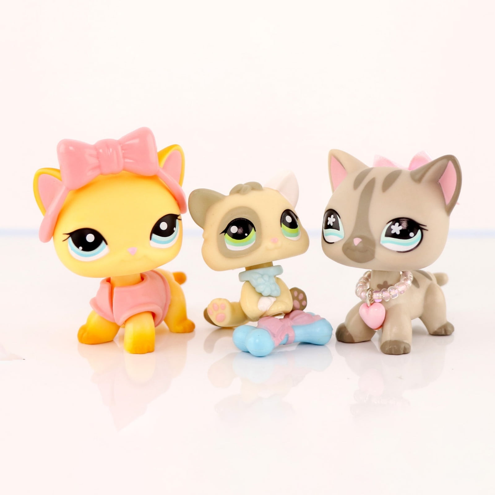 3PCS Minilpsshop Little Pet Set,Shorthair Cat #339 #468 Kitten #1074 with Cute Necklace Bow Jacket Headwear Bone Accessories for lps Collection Kids Gift Girl Play Cartoon Animal Figure