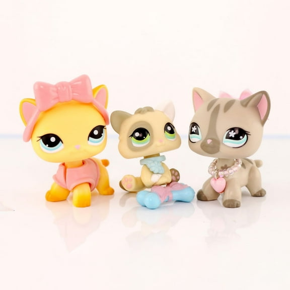 3PCS Minilpsshop Little Pet Set,Shorthair Cat #339 #468 Kitten #1074 with Cute Necklace Bow Jacket Headwear Bone Accessories for lps Collection Kids Gift Girl Play Cartoon Animal Figure