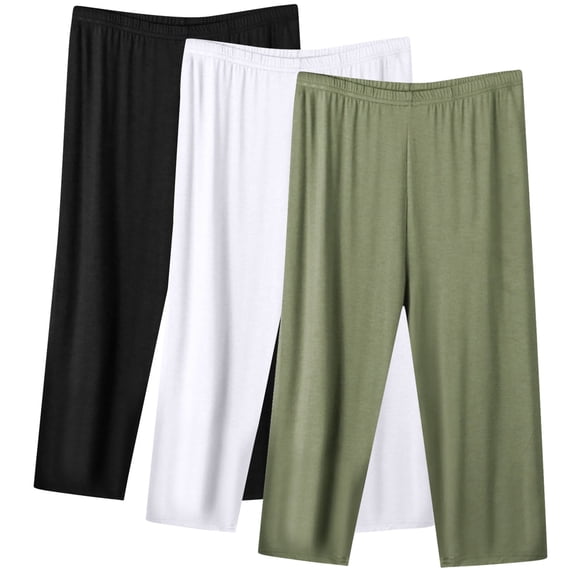 3PCS Cotton Pajama Pants Womens Soft Comfy Lightweight Elastic Summer Pjs Bottoms Plus Size Homewear, Black/White/Green 4XL