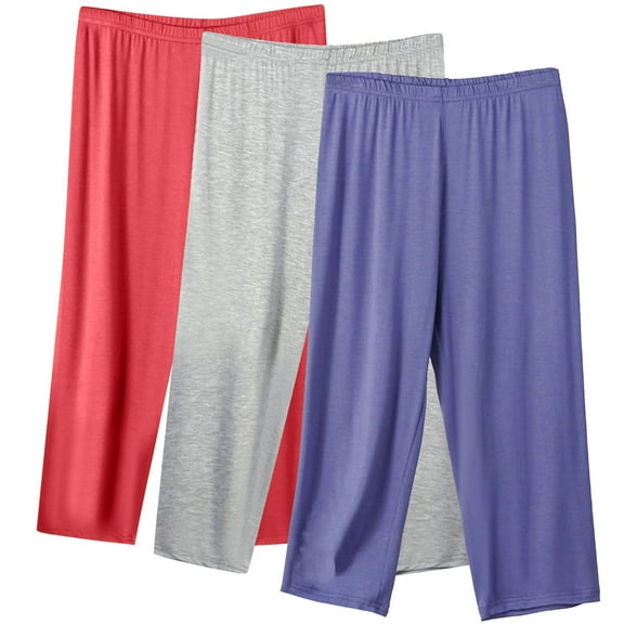 3PCS Modal Cotton Pajama Pants Womens Soft Comfy Lightweight Elastic Summer Pjs Bottoms Plus Size Homewear, Red/Purple/Gray XL
