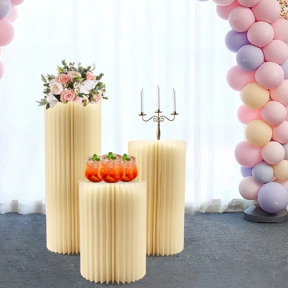 3PCS Modern Cylindrical Display Columns with Bulbs & USB Cables for Dessert Table Photo Booth Decor Photography Background