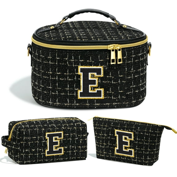 3PCS Monogram Personalized Black Initial Makeup Bags Pouch for Women, Cosmetic Make Up Bag Travel Toiletry Bag for Her